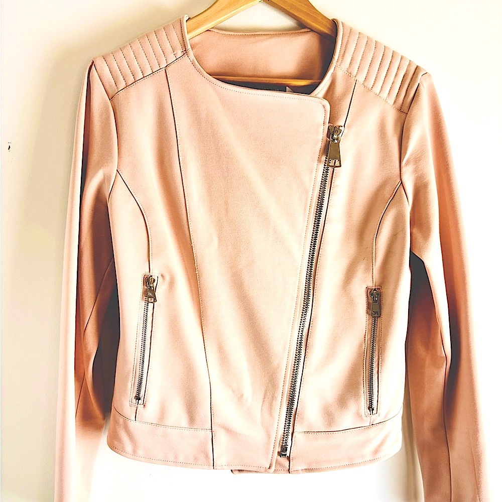 Blush Knit Motorcycle Asymmetrical Zipper Jacket Partially Lined